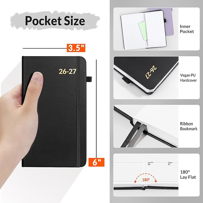 SUNEE 2026-2027 Pocket Weekly Planner for Purse 3.5" x 6" - 12 Month (July 2026 - June 2027) Academic Year Calendar, Pocket Size Planner, Hardcover, Note, 100 GSM Paper, Black