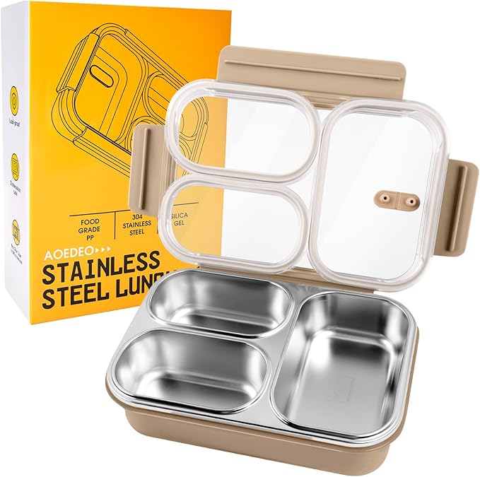 Stainless Steel Lunch Box, 3 Compartments Metal Bento Box for Kids, 25oz Lunch Container with Leakproof Lid, Divided Meal Prep Box for Adults, Kids - Ideal for Office, School, Healthy Eating