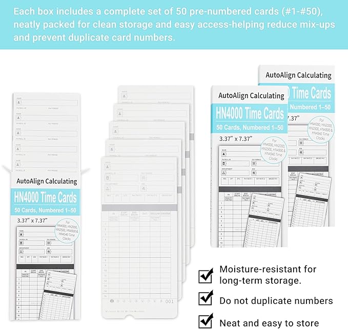 600 Time Cards Includes 2 Replacement Ink Ribbons for HN4000 Employee Time Clocks – Compatible with uPunch HN4000,HN2000, HN2500, HN4500 – Pre-Punched, Cards Numbered 1–50,
