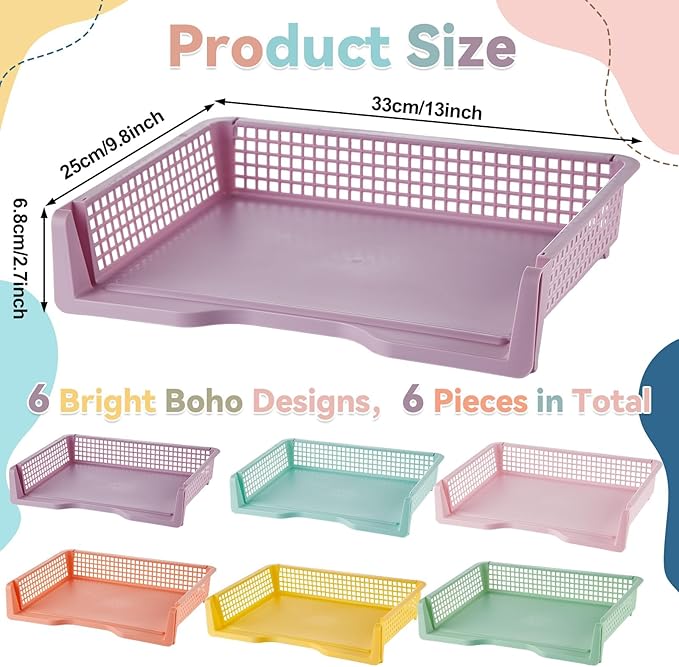 gisgfim 6 Pcs Turn in Trays Classroom Pastel Paper Tray for Classroom Organization and Storage Stackable Plastic Book Baskets Turn in Bins Teacher Organizers for Library Drawers School Office Desk
