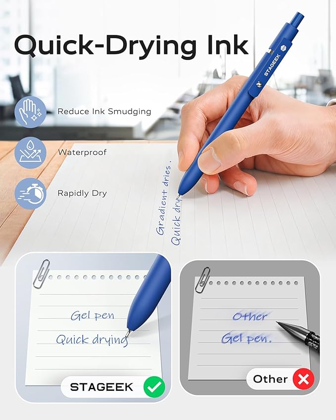 STAGEEK GX3 Blue Gel Pens, 6Pcs Quick Dry Smooth Writing Pen with 3 Refills | Blue Ink Pens, 0.7mm Fine Point, Retractable, Office, School Supplies, Journaling & Note Taking, for Nurses, Teachers