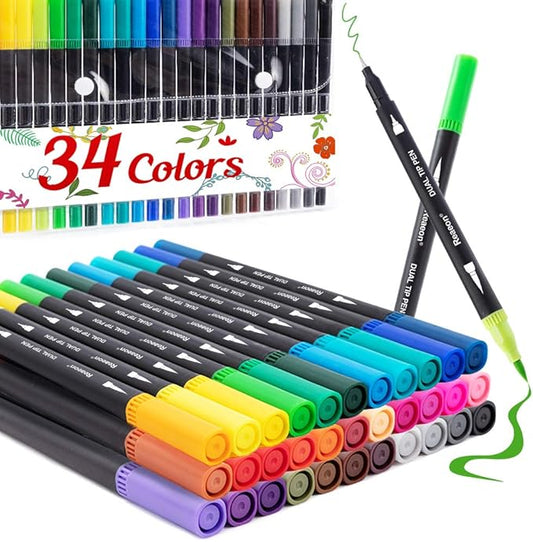 Reaeon Coloring Markers Pen, Dual Brush Tip Marker for Adult Coloring, 34 Color Calligraphy Brush Fine Tip Pen for Beginner Journal Planner, Drawing, Doodle