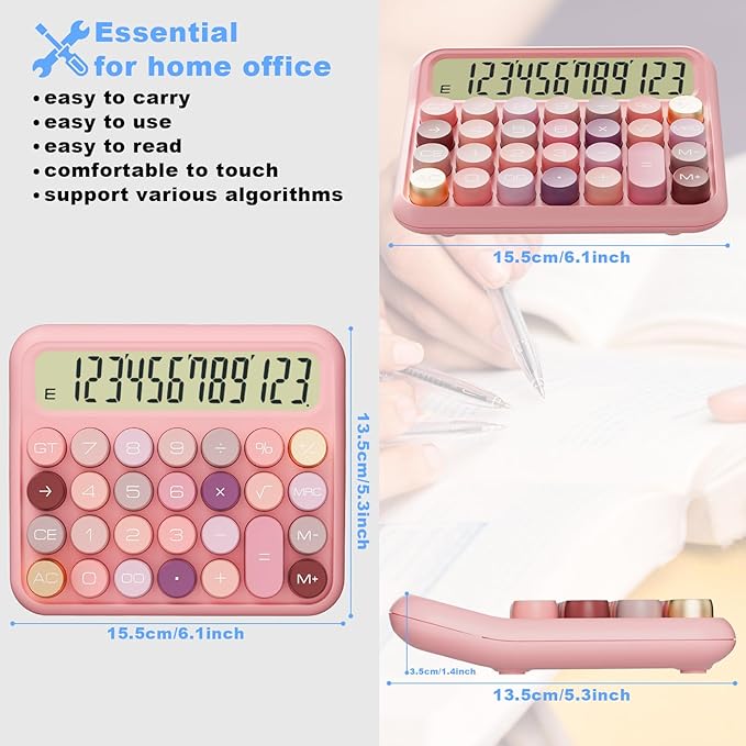 DECKLIT Battery Desk Calculator - 12 Digit Extra Large 5-Inch LCD Display, Big Buttons Easy to Press, 15 Tilt Screen for Kids (Rose)