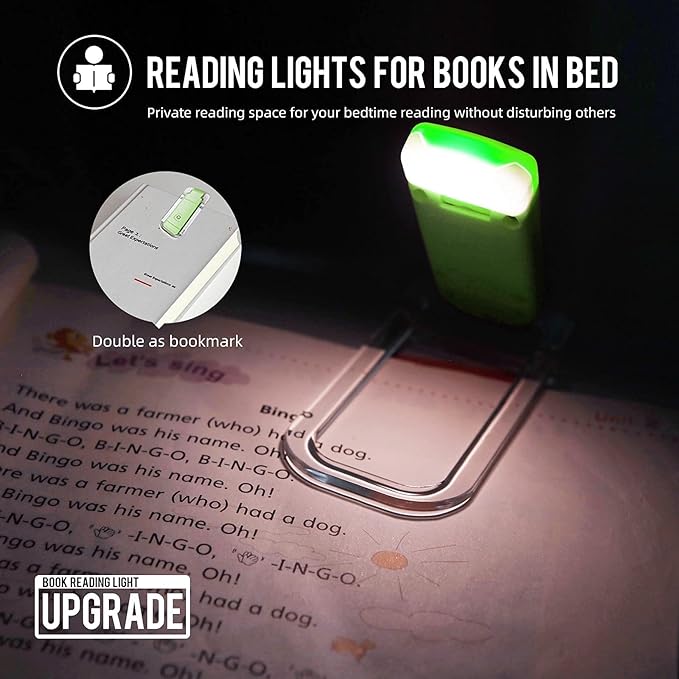 EGWASER Portable USB Rechargeable LED Clip on Book Light for Reading in Bed, 3 Brightness Adjustable Dimmable Bookmark Light for Eye-Protection, Reading Lamp (Green)