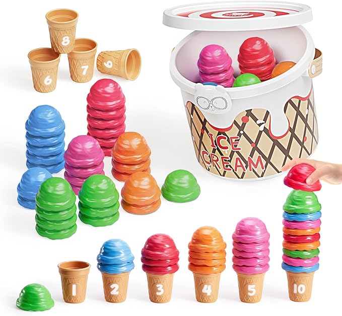 JoyCat Ice Cream Preschool Learning Activities Counting and Color Sorting Set Stacking Toys for Kids 3-5, Educational Fine Motor Skills Toys, 65PCS Math Manipulatives