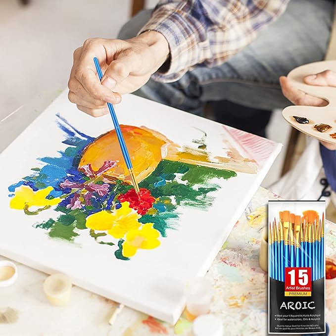 AROIC Acrylic Paint Brush Set, 15 pcs Nylon Hair Paint Brushes for All Purpose Oil Watercolor Face Body Rock Painting Artist, Small Painting Brush Kits for Kids Adult Drawing