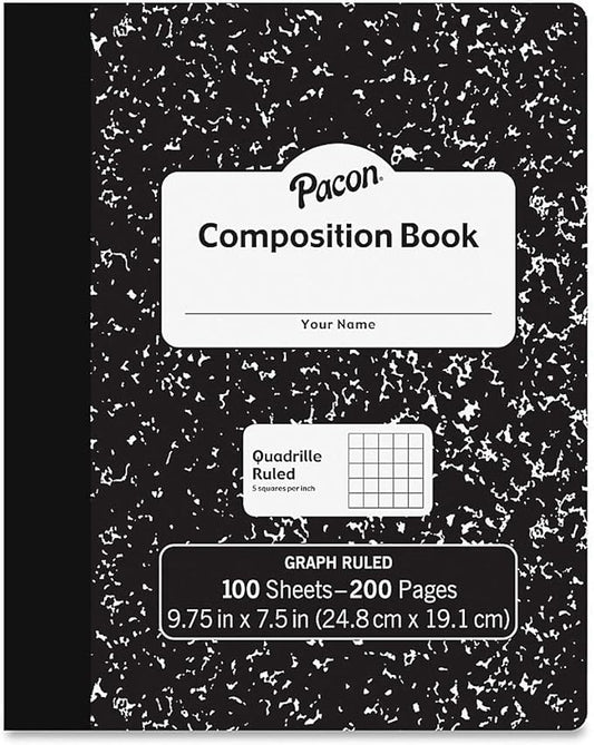Pacon Quadrille Ruled Black Marble Composition Notebook, 1.5" Grid Ruled on Both Sides, 7.5" x 9.75", 100 Sheets (200 Pages)/Book