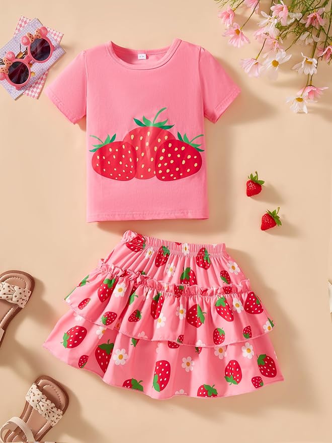 Little Girls Skirt Set - 2 Piece Short Sleeve Top Shirred Tiered Skirt Outfit Girls Spring Summer Clothes 3-8 Years