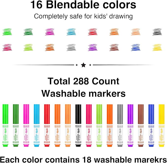 ARLTR Washable Markers Bulk, Bulk Pack of 288 in 16 Vibrant Colors, Broad Line Markers with Conical Tips- Perfect for Kids' Classrooms & Teachers