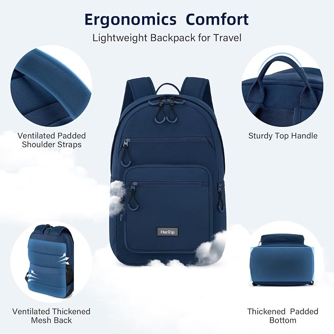 HanTrip 18 Inch Carry on Travel Backpack with Lots of Pockets, Navy Blue | 15.6 Inch Laptop Sleeve, Luggage Strap, Water Bottle Pocket, 28 Liters, Lightweight, Water Resistant, 18x14x8 Medium Bookbag