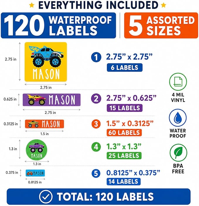 Andaz Press Custom Personalized Waterproof School Name Labels, Monster Trucks, 120-Pack, Kids Labels Combo, Customizable Name Stickers Personalized School Supplies Camp Label Daycare Stickers