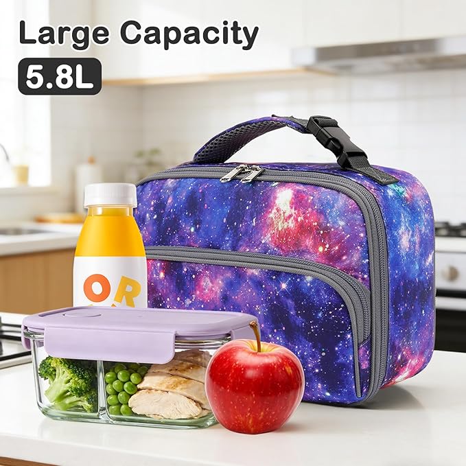 FlowFly Kids Lunch box Insulated Soft Bag Mini Cooler Back to School Thermal Meal Tote Kit for Girls, Boys, Galaxy