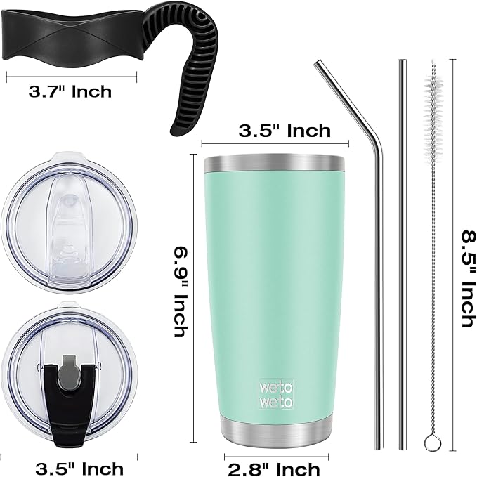 WETOWETO 20oz Tumbler with 2 lids and 2 straws, Stainless Steel Vacuum Insulated Water Coffee Tumbler Cup with Handle, Double Wall Powder Coated Travel Mug Thermal Cup (Light Green, 1 Pack)