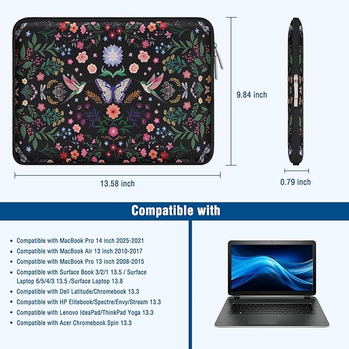 MOSISO Laptop Case 16 inch, 15-15.6 inch Laptop Sleeve Bag Compatible with MacBook Pro 16 M5 M4 M3 M2 M1, HP Acer Dell Lenovo ASUS, Neoprene Hummingbird Plants Flowers Bag with Small Case, Black
