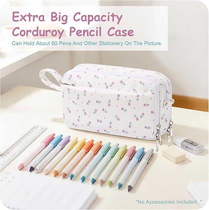 BuyCard Big Capacity Pencil Case, Corduroy Fabric, White with Purple Floral Pattern, Pencil Bag with Zipper Closure, Graduation Gift Office Stationery Storage Pen Pouch