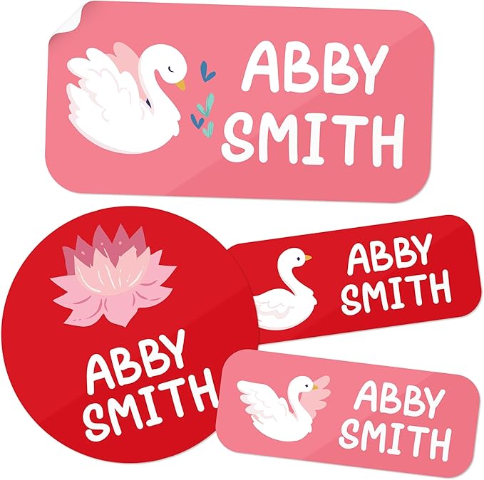Personalized Daycare Name Labels for Kids, (130 Pack) Waterproof Custom Name Stickers for Clothing Tags, Lunch Boxes and School Supplies, Made in USA by MSC -Swan