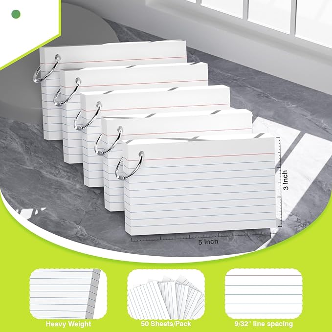 250 Pcs Colored Index Cards with Ring 3 x 5 Inch Heavyweight Ruled Flash Cards, Flashcards with Ring for School & Office Supplies and Home Organization, Durable Study To Do List Lined Note Cards