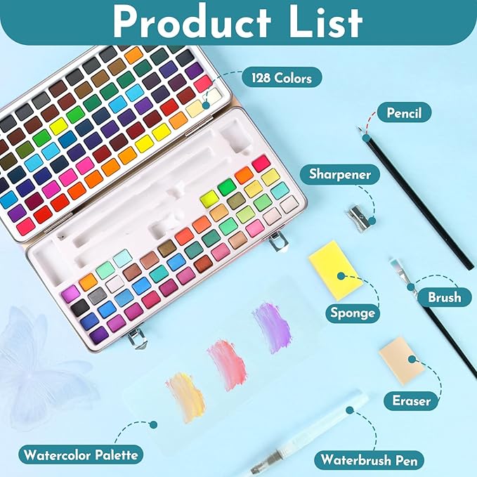 128 Colors Watercolor Paint Set, Including 84 Regular, 36 Metallic, and 8 Fluorescent Colors，Travel Watercolor Set with Brush and Drawing Pencil, Water Color Paint Sets for Adults Artists Beginners