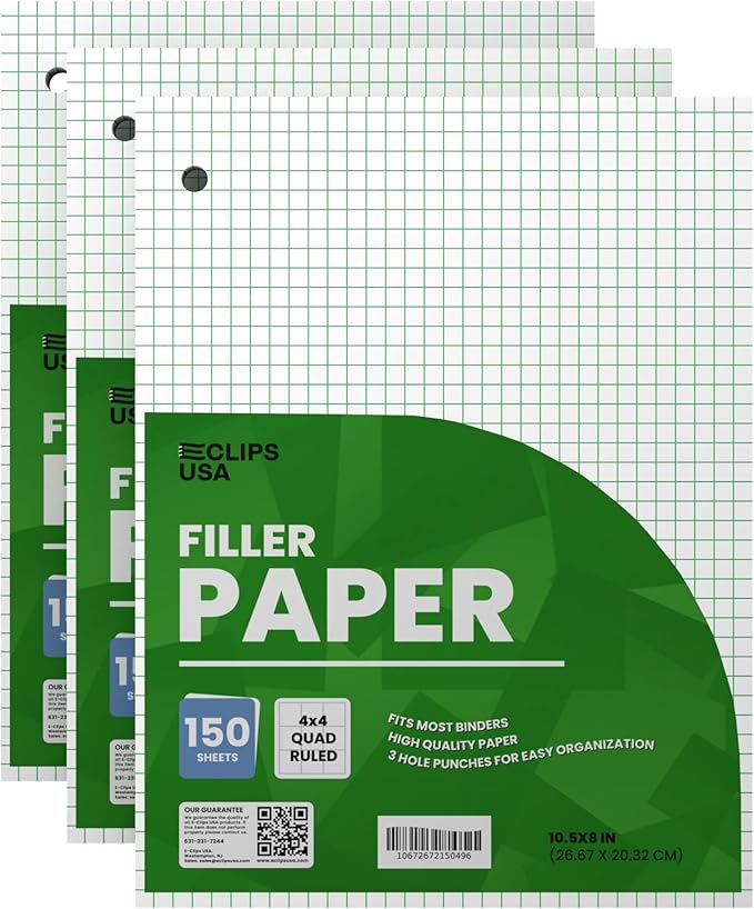 Graph Paper Loose Leaf Paper Quad Ruled Notebook Paper Quad Ruled 4” x 4” Square Lined Writing Filler Paper 10.5” x 8” 450 Sheets 150 Sheets Per Pack 60 gsm (3 Pack)