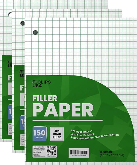 Graph Paper Loose Leaf Paper Quad Ruled Notebook Paper Quad Ruled 4” x 4” Square Lined Writing Filler Paper 10.5” x 8” 450 Sheets 150 Sheets Per Pack 60 gsm (3 Pack)