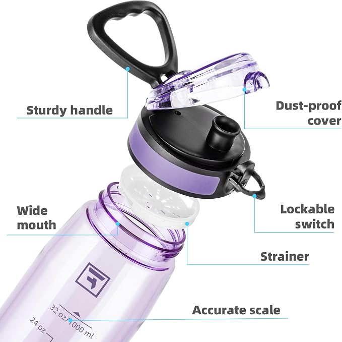 Fanhaw 32 oz Clear Plastic Water Bottle, BPA Free Leakproof Tritan Sports Water Bottle with Chug Lid, Wide Mouth Reusable Bottle for Gym, Travel, School & Office (Amethyst)