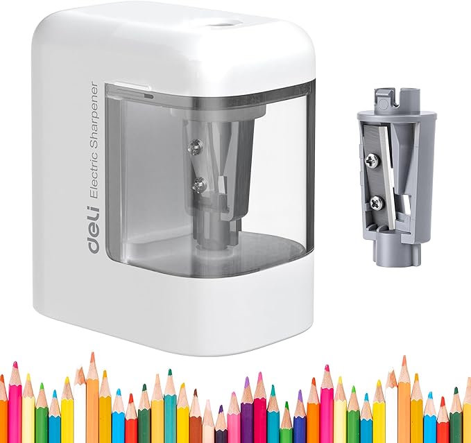 deli Electric Pencil Sharpener, Portable Pencil Sharpener for No.2 Pencils Colored Pencils, Battery Powered Electric Pencil Sharpener for School, Home, Office, White