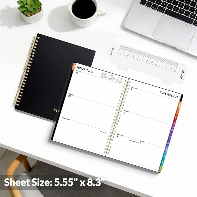 SUNEE Academic Planner 2026-2027 – Weekly & Monthly Planner, July 2026 to June 2027, 6.4"x8.3", Thick Paper, Tabs, Pockets, Bookmark, Spiral-Bound, Student Teacher Organizer, Black