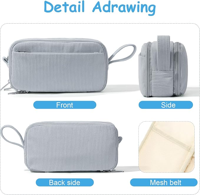 BuyCard Grey Corduroy Pencil Case, Large Capacity Zipper Pouch, Gray, Casual Style, Supplies Organizer for Teen Girls and Boys