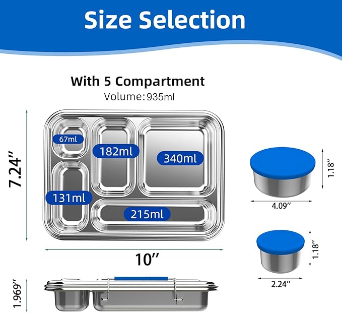 Stainless Steel Bento Box for Adults, 31.6 oz Leakproof 5-Compartment Metal Lunch Box with 2 Sauce Containers, BPA-Free Food Container for Work Office Picnic, Dishwasher Safe Blue