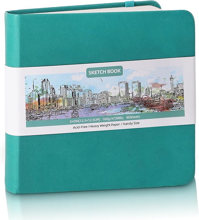 Prudiut Hardcover Pocket Sketchbook, 5" x 5" Square Mini Sketchbook, 98lb/160gsm Heavyweight Tiny Sketch Book, 80 Sheets Small Travel Drawing Journal for Adults, Artist, Ideal for Gift (Dark Blue)