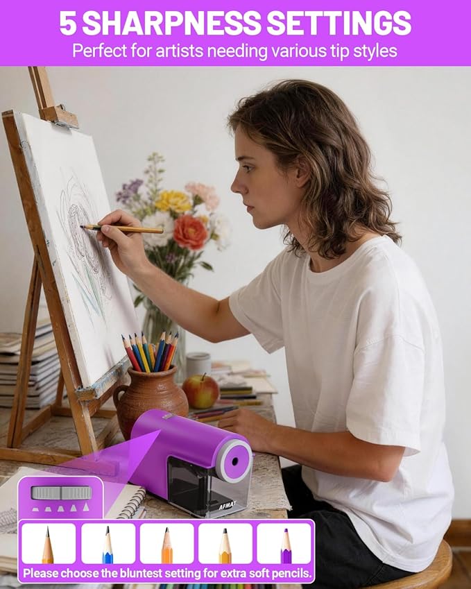 AFMAT Electric Pencil Sharpener, Fully Automatic Pencil Sharpener for 6.5-10.5mm No.2/Jumbo/Colored Pencils, Auto in & Out, 5 Sharpness Modes, 10000+ Sharpenings for Classroom Home Office,PSC5(Purple)