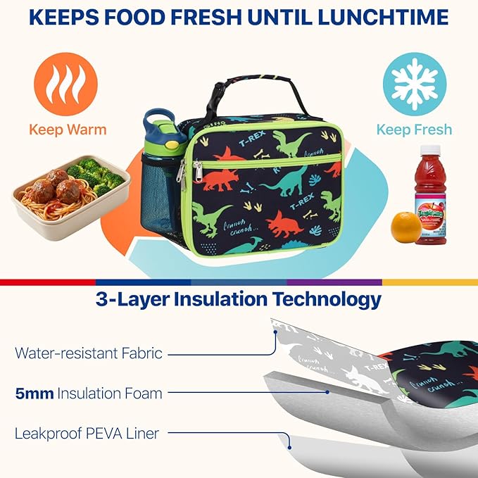 Bagseri Kids Lunch Bag Boys - Thermal Insulated Lunch Box Tote with Water Bottle Holder, Reusable Leak-Proof Kids Lunch Box for Daycare & School, Black Dinosaur (Containers Not Included)