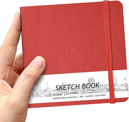 qianshan 5" x 5" Hardcover Sketch Book,Small Mixed Media Sketch Pad,58 Sheets 150GSM Acid-Free Artist Drawing Paper,Travel Journal Blank Notebook for Adults Painting,Illustration,Art Supplies.Red
