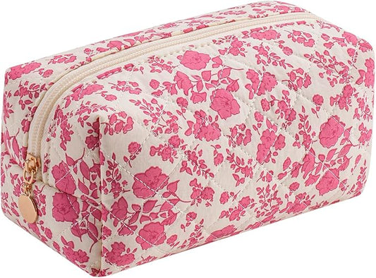 JOVAKIT Square Makeup Bag Cute Cosmetic Bag for Women, Floral Coquette Aesthetic Toiletry Bag, Zipper Make Up Pouch, Travel Make Up Organizer Bag (Bright Red Floral)