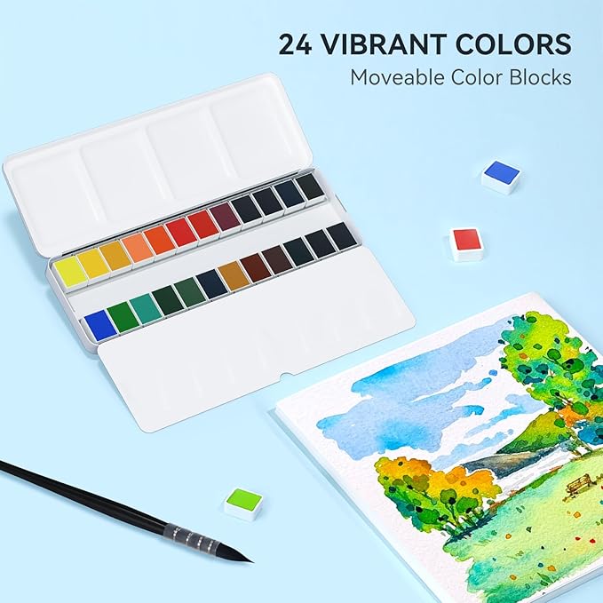 Travel Watercolor Paint Set, Watercolor Set Includes 24 Colors Solid Watercolors + 7.5x7.5 inch 100% Cotton Watercolor Paper(20 Sheets) + 1 Watercolor Brush + Green Double Layer Organizer