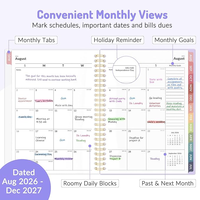 Aug 2026 - Dec 2027 Planner, Forvencer 17 Month Academic Planner 2026-2027, 6.3" x 8.4", Calendar Planner Weekly and Monthly, Daily Agenda Book, College School Supplies for Student Teacher, A5, Blue