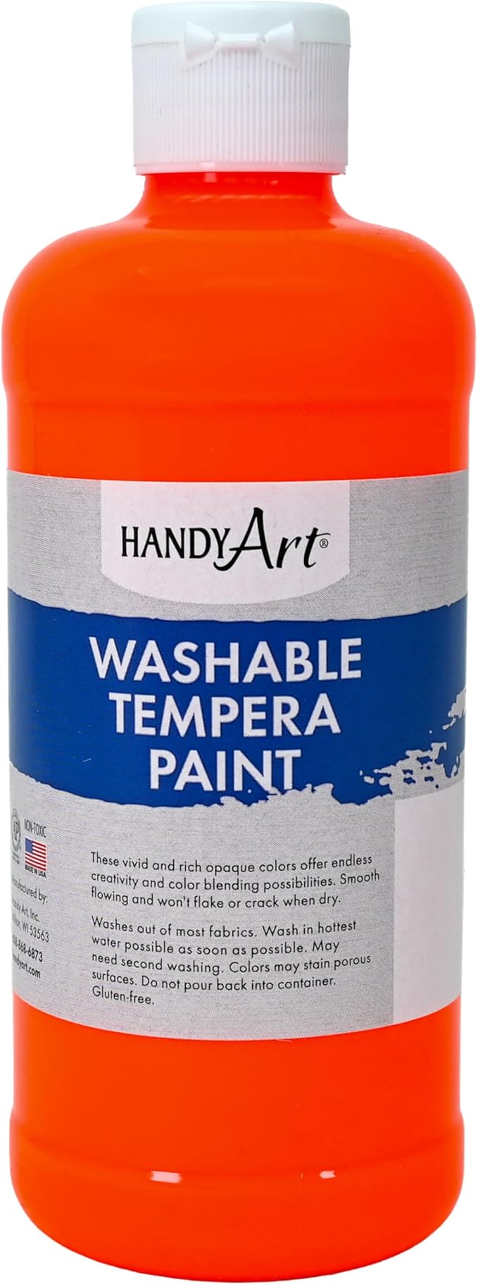 Handy Art Washable Tempera Paint, Fluorescent Orange, 16 oz Bottle, Bright & Mixable, High Opacity, Glows UV Neon with Blacklight, Students, Kids, Young Artists, Safe & Non-Toxic, Made in USA