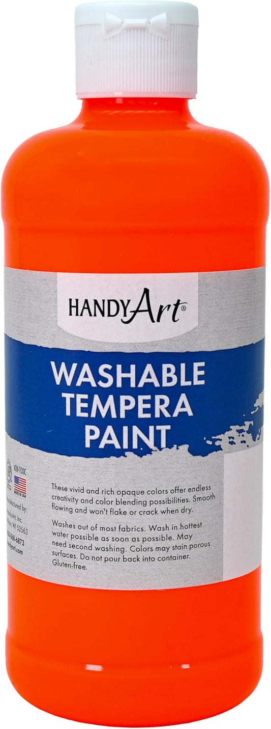 Handy Art Washable Tempera Paint, Fluorescent Orange, 16 oz Bottle, Bright & Mixable, High Opacity, Glows UV Neon with Blacklight, Students, Kids, Young Artists, Safe & Non-Toxic, Made in USA