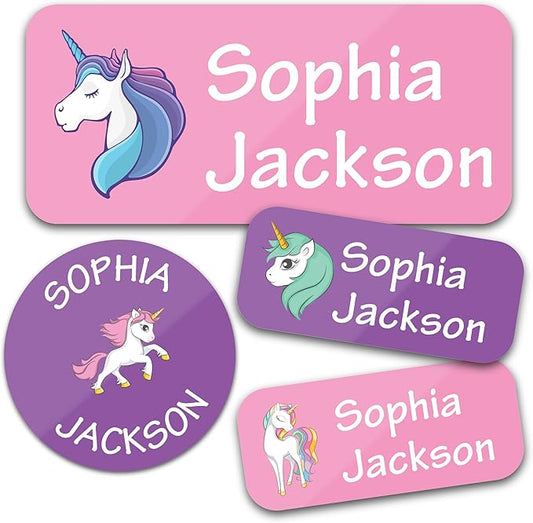 Bunny Badges Personalized Daycare Name Labels for Kids (130 Labels) - Custom Waterproof Name Stickers for Clothing Tags, Water Bottles, Lunch Boxes and School Supplies (Unicorns)