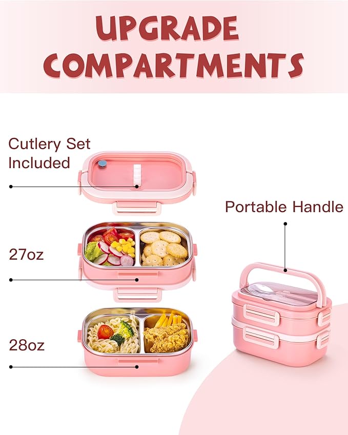 Lille Home Stackable Lunch Box, 2 Tier Stainless Steel Bento Lunch Box, 56oz Large Capacity Leakproof Lunch Containers, 4-Compartment Lunch Box with Utensils for Meal Prep, Work, Picnic(Pink)