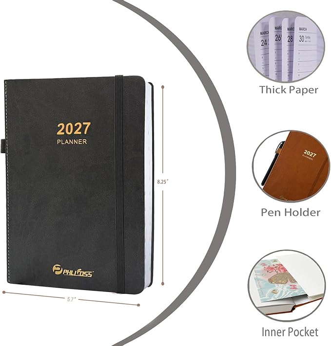2027 Daily Planner/Calendar, One Page Per Day, Daily Monthly Agenda Planner with Time Slots and Monthly Tabs, Jan - Dec 2027, 5.7" x 8.25" Appointment Book, Pen Holder, Leather Cover (Dark Grey Blue)