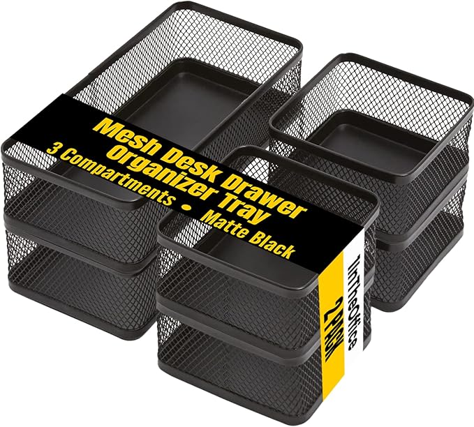 1InTheOffice Mesh Collection Desk Drawer Organizer Tray 3 Compartment - Stackable, Matte Black (2pack)