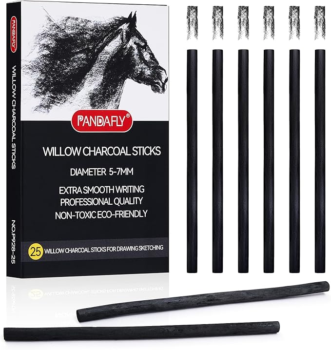 PANDAFLY Willow Charcoal Sticks, Soft, Black Artist Vine Charcoal for Artists, Beginners, Students, Great for Sketching, Drawing, Shading and Fine Art, 5-7mm, 25 Pack