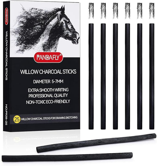 PANDAFLY Willow Charcoal Sticks, Soft, Black Artist Vine Charcoal for Artists, Beginners, Students, Great for Sketching, Drawing, Shading and Fine Art, 5-7mm, 25 Pack