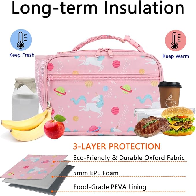 GYEUKHAM Insulated Lunch Box for School, Thermal Reusable Durable Freezable Lunch Bags for Kids Boys Girls Men Women - Small Soft Cooler Portable Lunch Tote Kit for Work Picnic Travel,Pink Unicorn