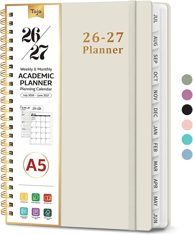 Planner 2026-2027, 6.3" x 8.5" Weekly and Monthly Academic Year Planner Calendar, July 2026 - June 2027, Hardcover Large School Planning Agenda With Tabs, Perfect for School & Office Supplies, A5, Beige