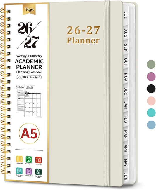 Planner 2026-2027, 6.3" x 8.5" Weekly and Monthly Academic Year Planner Calendar, July 2026 - June 2027, Hardcover Large School Planning Agenda With Tabs, Perfect for School & Office Supplies, A5, Beige