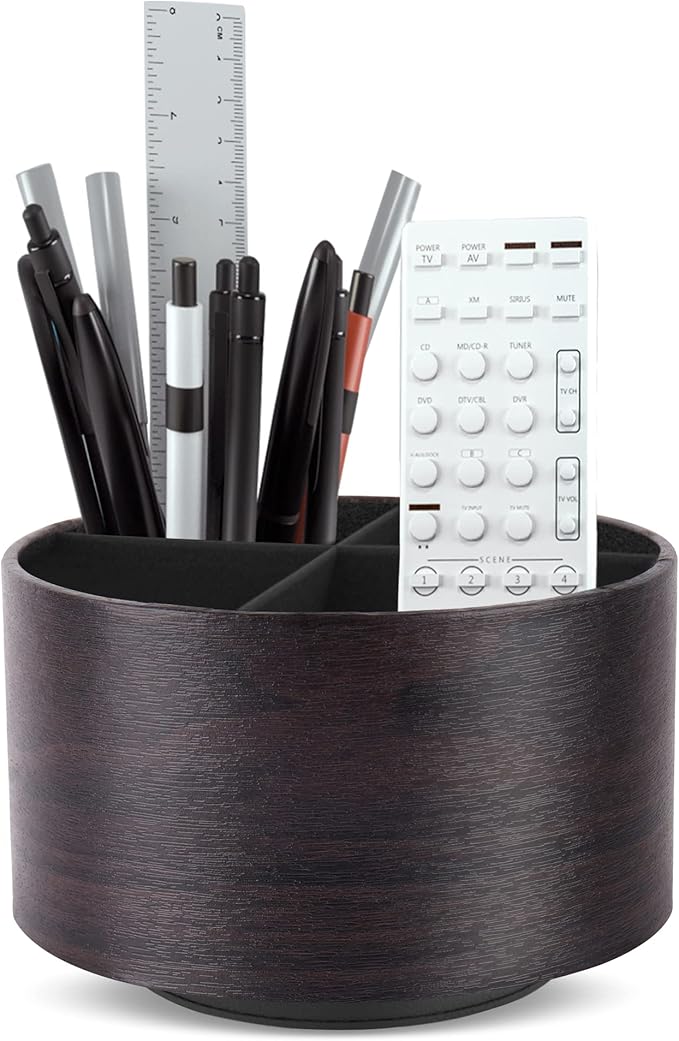 Round Leather Art Supply Organizer,Remote Control Holder,360 Degree Spinning,Multi-Functional Pencil Holder,4 Compartments Desktop Stationary Organizer(1-Dark Brown2)