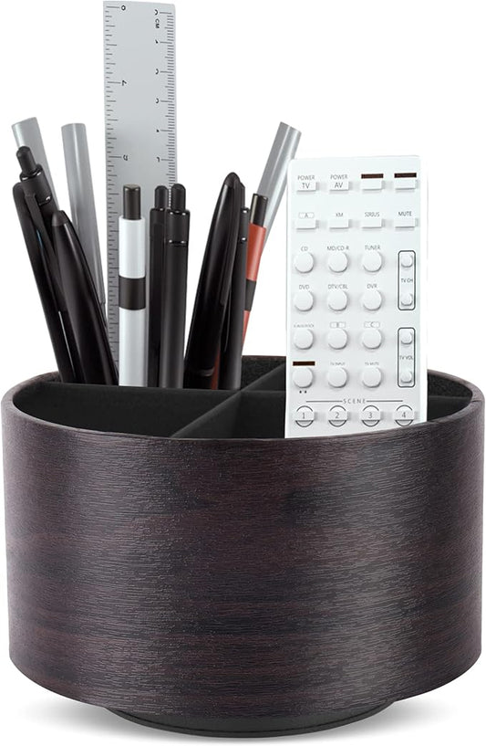 Round Leather Art Supply Organizer,Remote Control Holder,360 Degree Spinning,Multi-Functional Pencil Holder,4 Compartments Desktop Stationary Organizer(1-Dark Brown2)