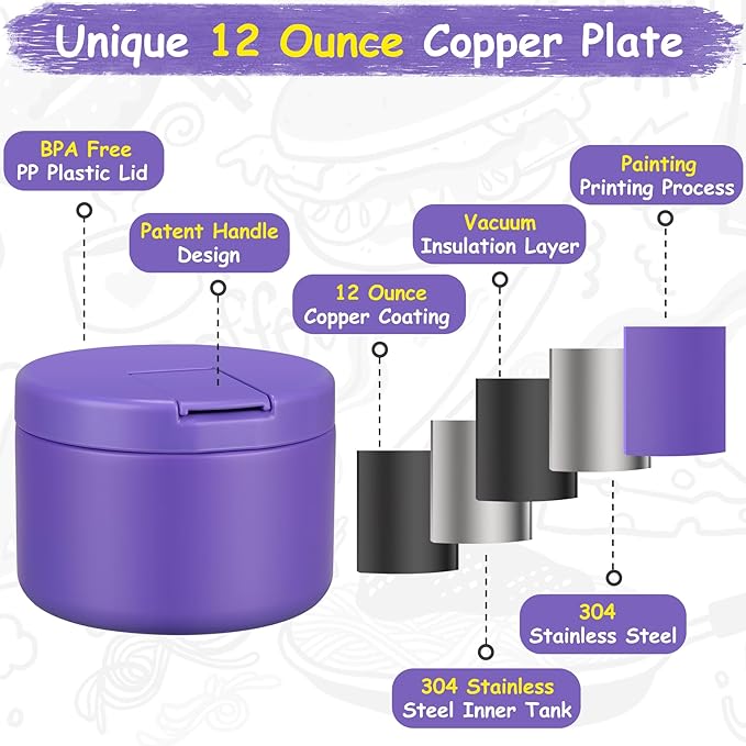 Pawtong 12oz Insulated Vacuum Food Jar with Buckle Lid Wide Mouth Soup Thermo for Hot Food Kids Leakproof Stainless Steel Lunch Container (Purple, 12OZ)
